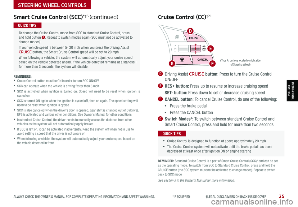 KIA SELTOS 2021 Features and Functions Guide STEERING WHEEL CONTROLS
STEERING WHEEL CONTROLS
Smart Cruise Control (SCC)*†6 (continued)
( Type A; buttons located on right side of Steering Wheel)
REMINDERS: •Cruise Control button must be ON KIA SELTOS 2021 Features and Functions Guide STEERING WHEEL CONTROLS
STEERING WHEEL CONTROLS
Smart Cruise Control (SCC)*†6 (continued)
( Type A; buttons located on right side of Steering Wheel)
REMINDERS: •Cruise Control button must be ON