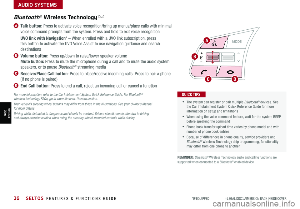 KIA SELTOS 2021  Features and Functions Guide AUDIO SYSTEMS
AUDIOSYSTEMS
*IF EQUIPPED                     †LEGAL DISCL AIMERS ON BACK INSIDE COVER26SELTOS  FEATURES & FUNCTIONS GUIDE
RESSET
CNCL+
–
CRUISE
OK
RESSET
CNCL+
–
CRUISE
OKRESSET
C