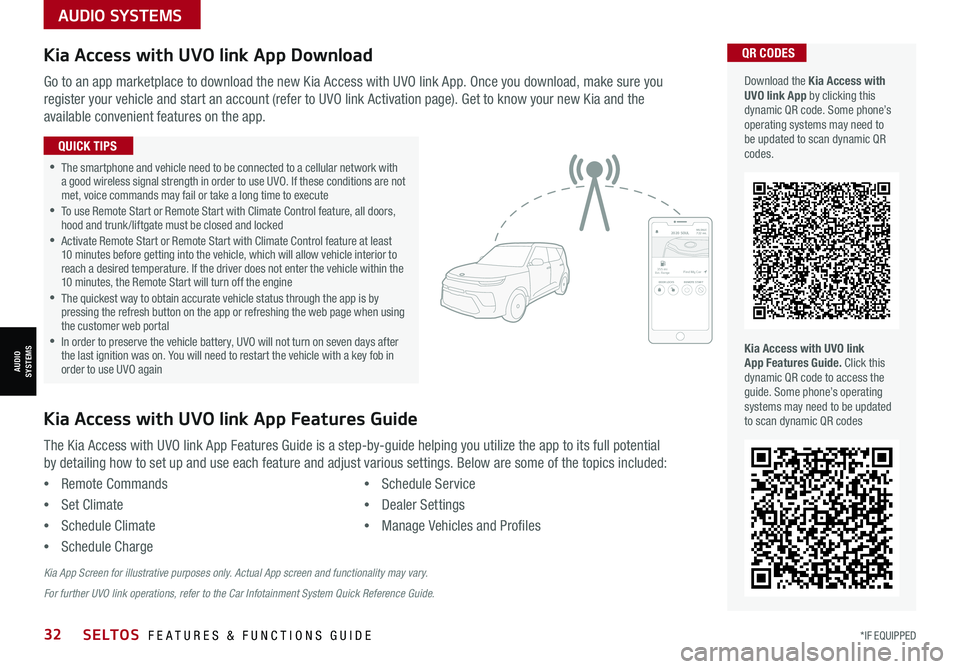 KIA SELTOS 2021  Features and Functions Guide AUDIO SYSTEMS
AUDIOSYSTEMS
Kia Access with UVO link App DownloadQR CODES
Kia Access with UVO link App Features Guide. Click this dynamic QR code to access the guide. Some phone’s operating systems m
