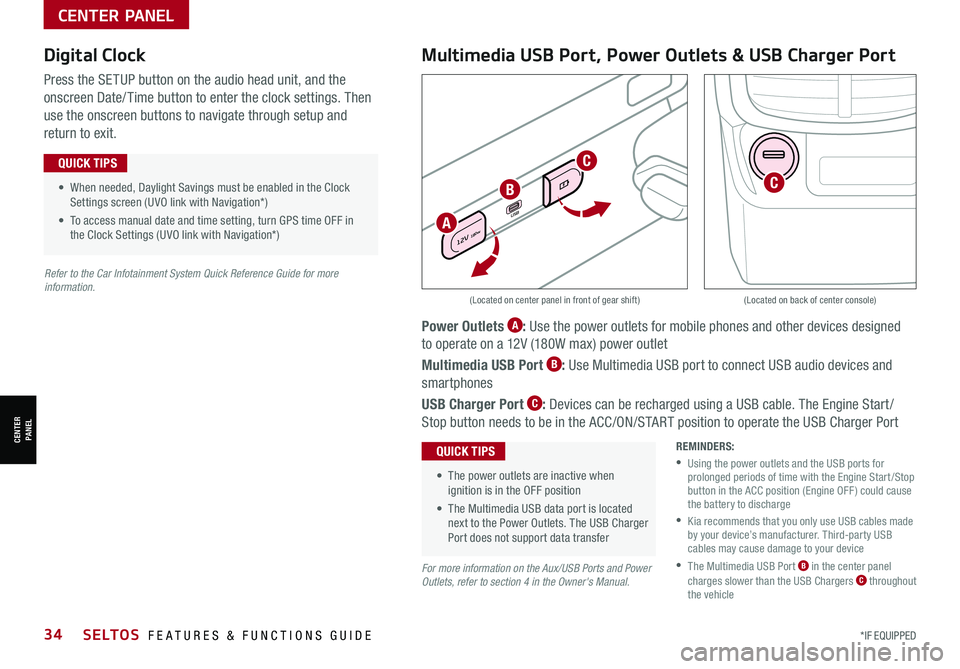 KIA SELTOS 2021  Features and Functions Guide 34SELTOS  FEATURES & FUNCTIONS GUIDE*IF EQUIPPED
CENTER PANEL
CENTER PANEL
Power Outlets A: Use the power outlets for mobile phones and other devices designed 
to operate on a 12V (180W max) power out