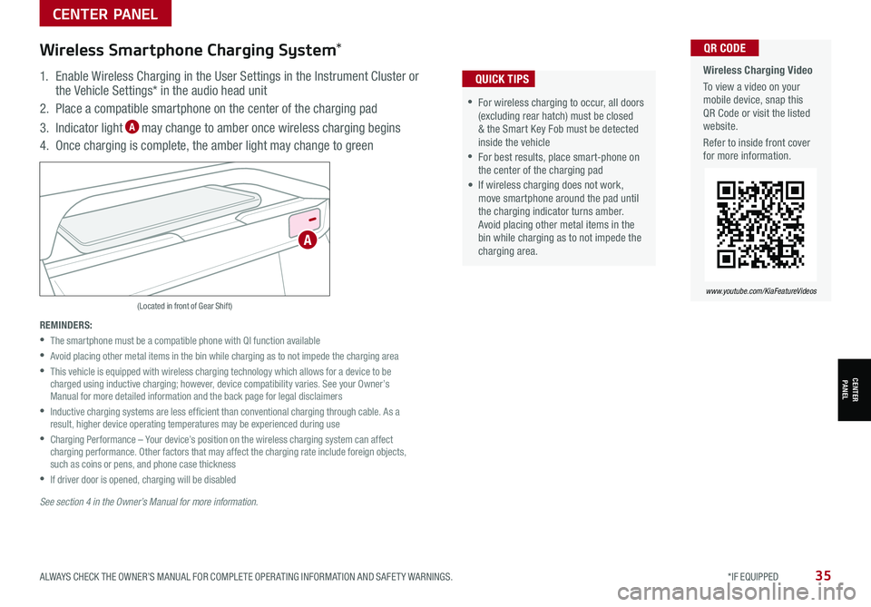 KIA SELTOS 2021 Features and Functions Guide ALWAYS CHECK THE OWNER’S MANUAL FOR COMPLETE OPER ATING INFORMATION AND SAFET Y WARNINGS. *IF EQUIPPED35
CENTER PANEL
CENTER PANEL
Wireless Charging Video
To view a video on your mobile device, s KIA SELTOS 2021 Features and Functions Guide ALWAYS CHECK THE OWNER’S MANUAL FOR COMPLETE OPER ATING INFORMATION AND SAFET Y WARNINGS. *IF EQUIPPED35
CENTER PANEL
CENTER PANEL
Wireless Charging Video
To view a video on your mobile device, s