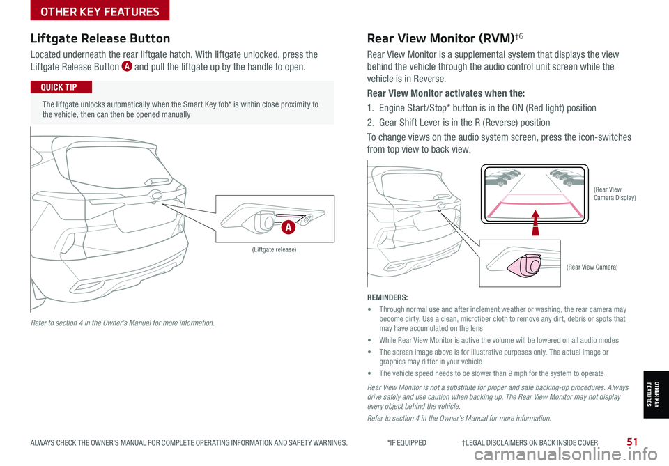 KIA SELTOS 2021 Features and Functions Guide ALWAYS CHECK THE OWNER’S MANUAL FOR COMPLETE OPER ATING INFORMATION AND SAFET Y WARNINGS. *IF EQUIPPED †LEGAL DISCL AIMERS ON BACK INSIDE COVER51
OTHER KEY FEATURES
OTHER KEY KIA SELTOS 2021 Features and Functions Guide ALWAYS CHECK THE OWNER’S MANUAL FOR COMPLETE OPER ATING INFORMATION AND SAFET Y WARNINGS. *IF EQUIPPED †LEGAL DISCL AIMERS ON BACK INSIDE COVER51
OTHER KEY FEATURES
OTHER KEY