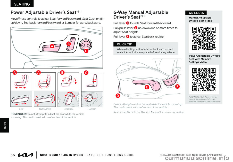 KIA NIRO PHEV 2023 Features and Functions Guide 56†LEGAL DISCL AIMERS ON BACK INSIDE COVER | *IF EQUIPPEDNIRO HYBRID / PLUG-IN HYBRID FEATURES & FUNCTIONS GUIDE
SeatbackLumbarSeatSeat Cushion
6-Way Manual Adjustable
Driver’s Seat*†1 1
KIA NIRO PHEV 2023 Features and Functions Guide 56†LEGAL DISCL AIMERS ON BACK INSIDE COVER | *IF EQUIPPEDNIRO HYBRID / PLUG-IN HYBRID FEATURES & FUNCTIONS GUIDE
SeatbackLumbarSeatSeat Cushion
6-Way Manual Adjustable
Driver’s Seat*†1 1