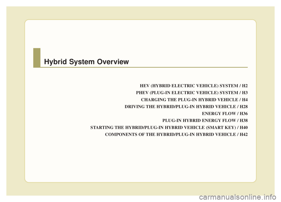 KIA NIRO PHEV 2022  Owners Manual HEV (HYBRID ELECTRIC VEHICLE) SYSTEM / H2
PHEV (PLUG-IN ELECTRIC VEHICLE) SYSTEM / H3 CHARGING THE PLUG-IN HYBRID VEHICLE / H4
DRIVING THE HYBRID/PLUG-IN HYBRID VEHICLE / H28 ENERGY FLOW / H36
PLUG-IN