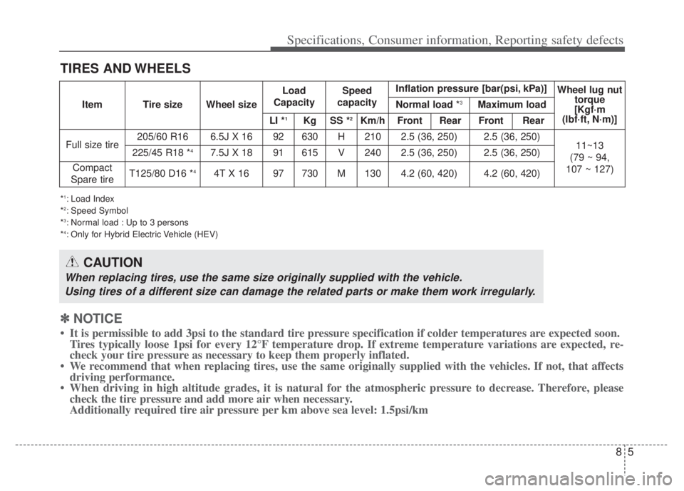 KIA NIRO PHEV 2022  Owners Manual 85
Specifications, Consumer information, Reporting safety defects
TIRES AND WHEELS
*1: Load Index
*2: Speed Symbol
*3: Normal load : Up to 3 persons
*4: Only for Hybrid Electric Vehicle (HEV)
CAUTION
