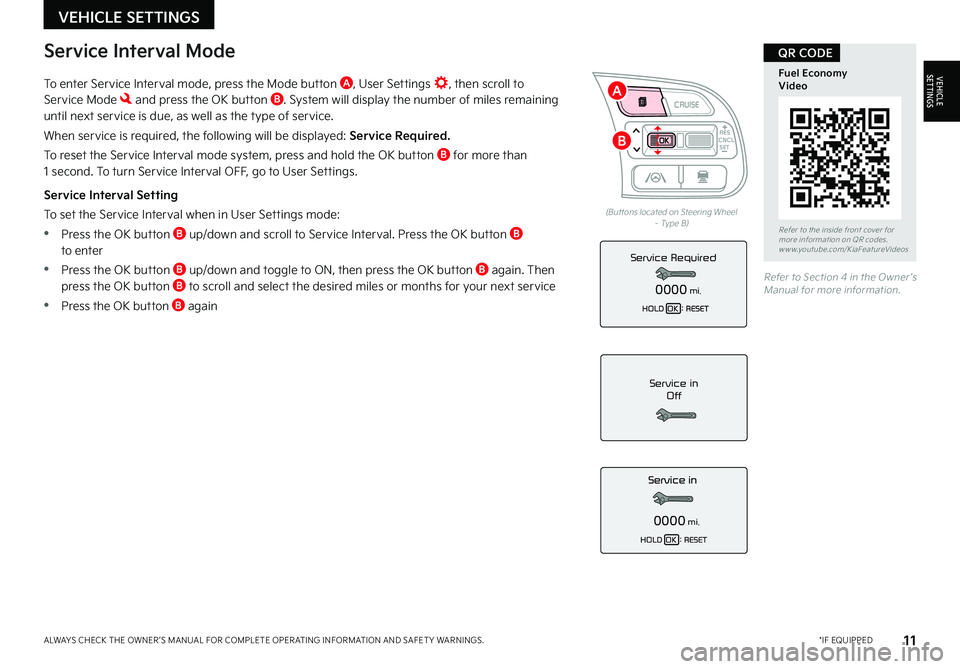 KIA NIRO PHEV 2022  Features and Functions Guide 11*IF EQUIPPEDALWAYS CHECK THE OWNER ’S MANUAL FOR COMPLETE OPER ATING INFORMATION AND SAFET Y WARNINGS  
To enter Service Interval mode, press the Mode button A, User Settings , then scroll to Serv