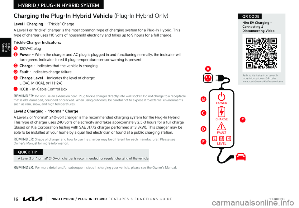 KIA NIRO PHEV 2022  Features and Functions Guide 16*IF EQUIPPEDNIRO HYBRID / PLUG-IN HYBRID  FEATURES & FUNCTIONS GUIDE
A Level 2 or “normal” 240-volt charger is recommended for regular charging of the vehicle 
QUICK TIP
POWER
Refer to the insid