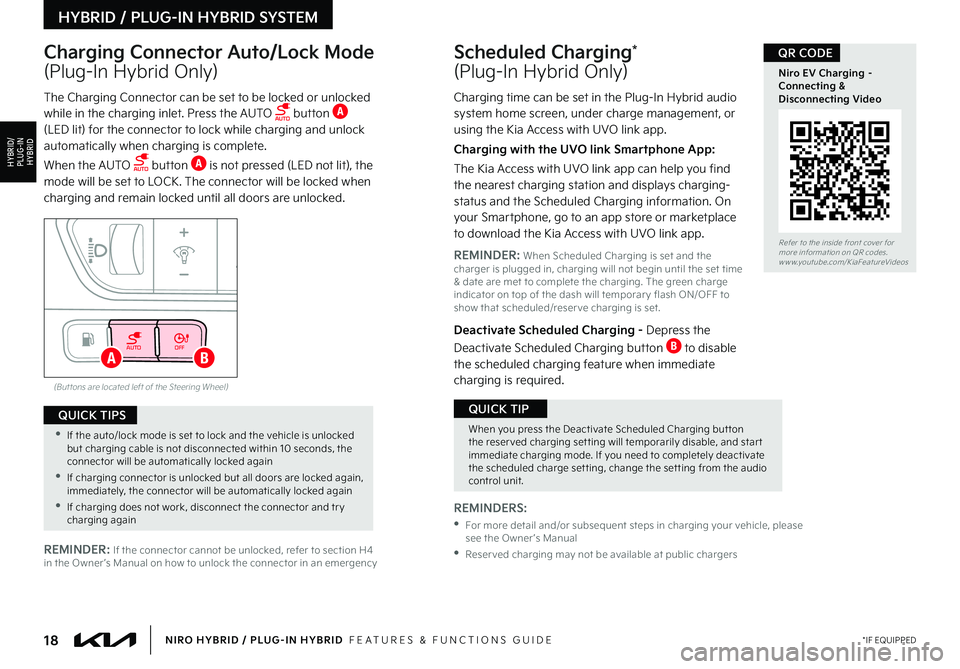 KIA NIRO PHEV 2022 Features and Functions Guide 18*IF EQUIPPEDNIRO HYBRID / PLUG-IN HYBRID FEATURES & FUNCTIONS GUIDE
AUTOOFF
(But tons are located left of the Steering Wheel)
AB
Scheduled Charging*
(Plug-In Hybrid Only)
Charging Connector Auto/L KIA NIRO PHEV 2022 Features and Functions Guide 18*IF EQUIPPEDNIRO HYBRID / PLUG-IN HYBRID FEATURES & FUNCTIONS GUIDE
AUTOOFF
(But tons are located left of the Steering Wheel)
AB
Scheduled Charging*
(Plug-In Hybrid Only)
Charging Connector Auto/L