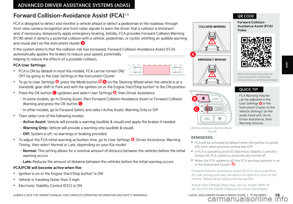 KIA NIRO PHEV 2022  Features and Functions Guide 19†LEGAL DISCL AIMERS ON BACK INSIDE COVER   |   *IF EQUIPPEDALWAYS CHECK THE OWNER ’S MANUAL FOR COMPLETE OPER ATING INFORMATION AND SAFET Y WARNINGS  
 
FCA Warning Volume can be adjusted in the