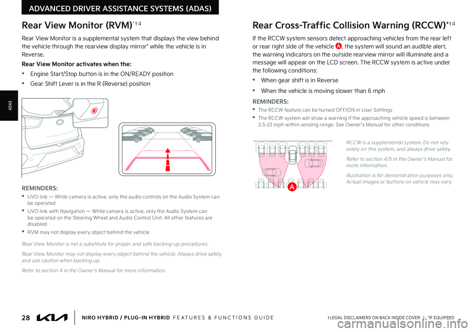 KIA NIRO PHEV 2022 Features and Functions Guide 28†LEGAL DISCL AIMERS ON BACK INSIDE COVER | *IF EQUIPPEDNIRO HYBRID / PLUG-IN HYBRID FEATURES & FUNCTIONS GUIDE
If the RCCW system sensors detect approaching vehicles from the rear left or rea KIA NIRO PHEV 2022 Features and Functions Guide 28†LEGAL DISCL AIMERS ON BACK INSIDE COVER | *IF EQUIPPEDNIRO HYBRID / PLUG-IN HYBRID FEATURES & FUNCTIONS GUIDE
If the RCCW system sensors detect approaching vehicles from the rear left or rea