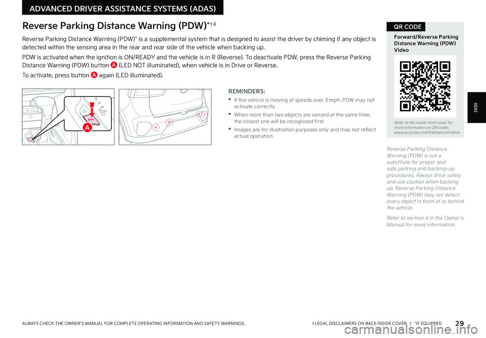 KIA NIRO PHEV 2022  Features and Functions Guide 29†LEGAL DISCL AIMERS ON BACK INSIDE COVER   |   *IF EQUIPPEDALWAYS CHECK THE OWNER ’S MANUAL FOR COMPLETE OPER ATING INFORMATION AND SAFET Y WARNINGS  
Reverse Parking Distance Warning (PDW)* is 