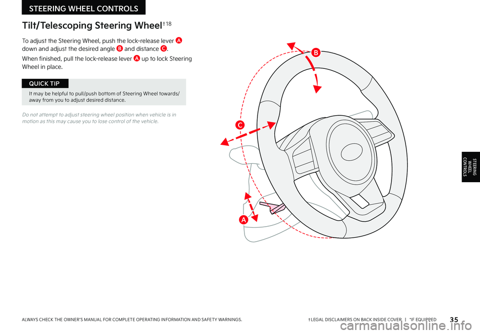 KIA NIRO PHEV 2022  Features and Functions Guide 35†LEGAL DISCL AIMERS ON BACK INSIDE COVER   |   *IF EQUIPPEDALWAYS CHECK THE OWNER ’S MANUAL FOR COMPLETE OPER ATING INFORMATION AND SAFET Y WARNINGS  
It may be helpful to pull/push bot tom of S