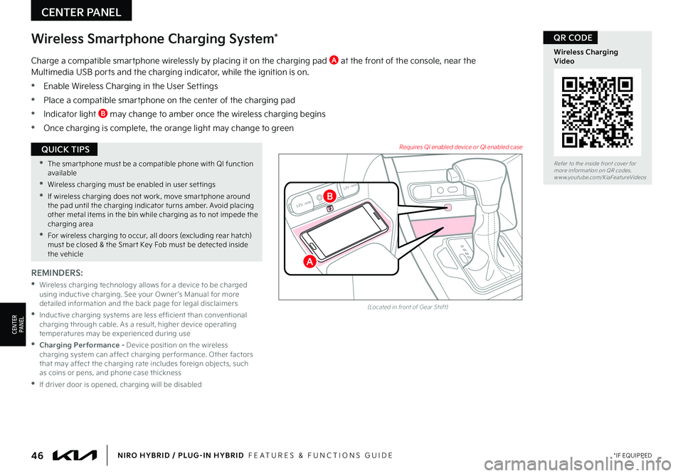 KIA NIRO PHEV 2022 Features and Functions Guide •
The smar tphone must be a compatible phone with QI function available
•Wireless charging must be enabled in user set tings
•
If wireless charging does not work, move smar tphone around t KIA NIRO PHEV 2022 Features and Functions Guide •
The smar tphone must be a compatible phone with QI function available
•Wireless charging must be enabled in user set tings
•
If wireless charging does not work, move smar tphone around t