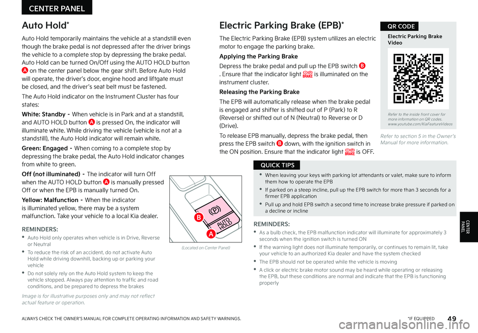 KIA NIRO PHEV 2022  Features and Functions Guide  •When leaving your keys with parking lot at tendants or valet, make sure to inform them how to operate the EPB
 •If parked on a steep incline, pull up the EPB switch for more than 3 seconds for a