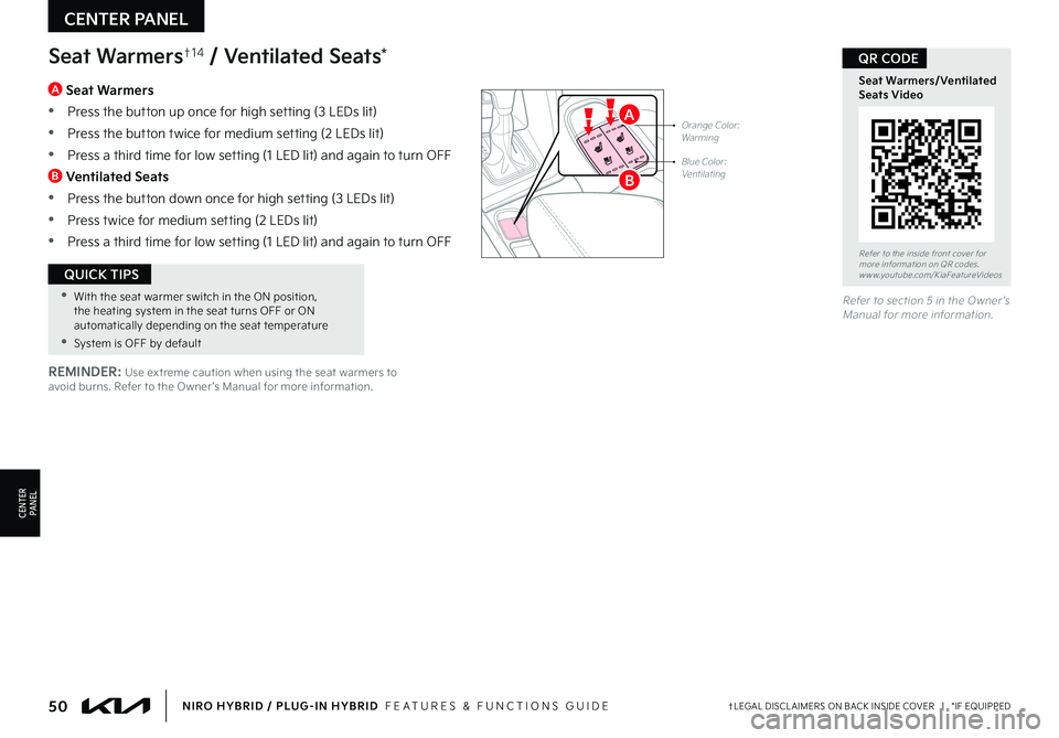 KIA NIRO PHEV 2022  Features and Functions Guide 50†LEGAL DISCL AIMERS ON BACK INSIDE COVER   |   *IF EQUIPPEDNIRO HYBRID / PLUG-IN HYBRID  FEATURES & FUNCTIONS GUIDE
 •With the seat warmer switch in the ON position, the heating system in the se