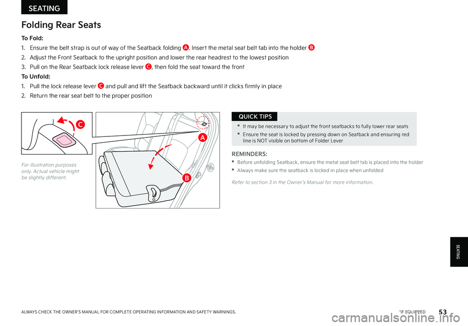 KIA NIRO PHEV 2022 Features and Functions Guide 53*IF EQUIPPEDALWAYS CHECK THE OWNER ’S MANUAL FOR COMPLETE OPER ATING INFORMATION AND SAFET Y WARNINGS
•It may be necessar y to adjust the front seatbacks to fully lower rear seats
•Ensure KIA NIRO PHEV 2022 Features and Functions Guide 53*IF EQUIPPEDALWAYS CHECK THE OWNER ’S MANUAL FOR COMPLETE OPER ATING INFORMATION AND SAFET Y WARNINGS
•It may be necessar y to adjust the front seatbacks to fully lower rear seats
•Ensure