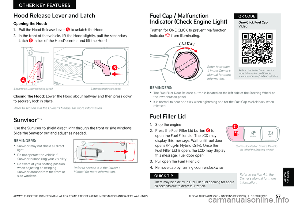 KIA NIRO PHEV 2022 Features and Functions Guide 57†LEGAL DISCL AIMERS ON BACK INSIDE COVER | *IF EQUIPPEDALWAYS CHECK THE OWNER ’S MANUAL FOR COMPLETE OPER ATING INFORMATION AND SAFET Y WARNINGS
Refer to the inside front cover for more i KIA NIRO PHEV 2022 Features and Functions Guide 57†LEGAL DISCL AIMERS ON BACK INSIDE COVER | *IF EQUIPPEDALWAYS CHECK THE OWNER ’S MANUAL FOR COMPLETE OPER ATING INFORMATION AND SAFET Y WARNINGS
Refer to the inside front cover for more i