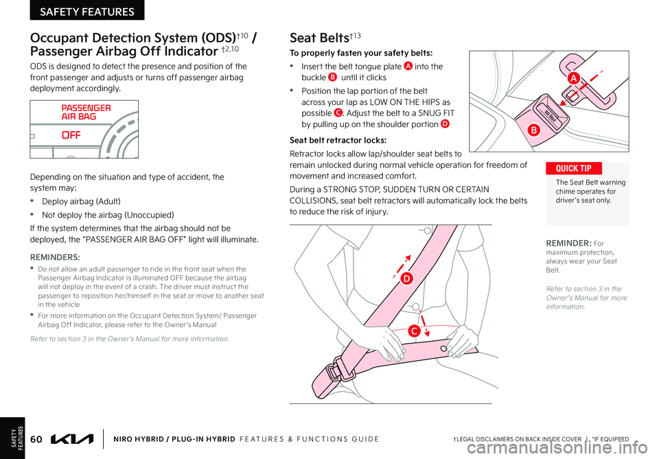 KIA NIRO PHEV 2022 Features and Functions Guide 60†LEGAL DISCL AIMERS ON BACK INSIDE COVER | *IF EQUIPPEDNIRO HYBRID / PLUG-IN HYBRID FEATURES & FUNCTIONS GUIDESAFETYF E AT U R E S
SAFETY FEATURES
Seat Belts†13
To properly fasten your sa KIA NIRO PHEV 2022 Features and Functions Guide 60†LEGAL DISCL AIMERS ON BACK INSIDE COVER | *IF EQUIPPEDNIRO HYBRID / PLUG-IN HYBRID FEATURES & FUNCTIONS GUIDESAFETYF E AT U R E S
SAFETY FEATURES
Seat Belts†13
To properly fasten your sa