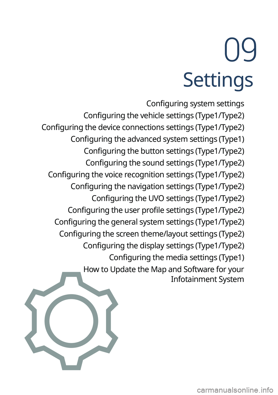 KIA NIRO PHEV 2022 Navigation System Quick Reference Guide Settings
Configuring system settings
Configuring the vehicle settings (Type1/Type2)
Configuring the device connections settings (Type1/Type2) Configuring the advanced system settings (Type1) Configur KIA NIRO PHEV 2022 Navigation System Quick Reference Guide Settings
Configuring system settings
Configuring the vehicle settings (Type1/Type2)
Configuring the device connections settings (Type1/Type2) Configuring the advanced system settings (Type1) Configur