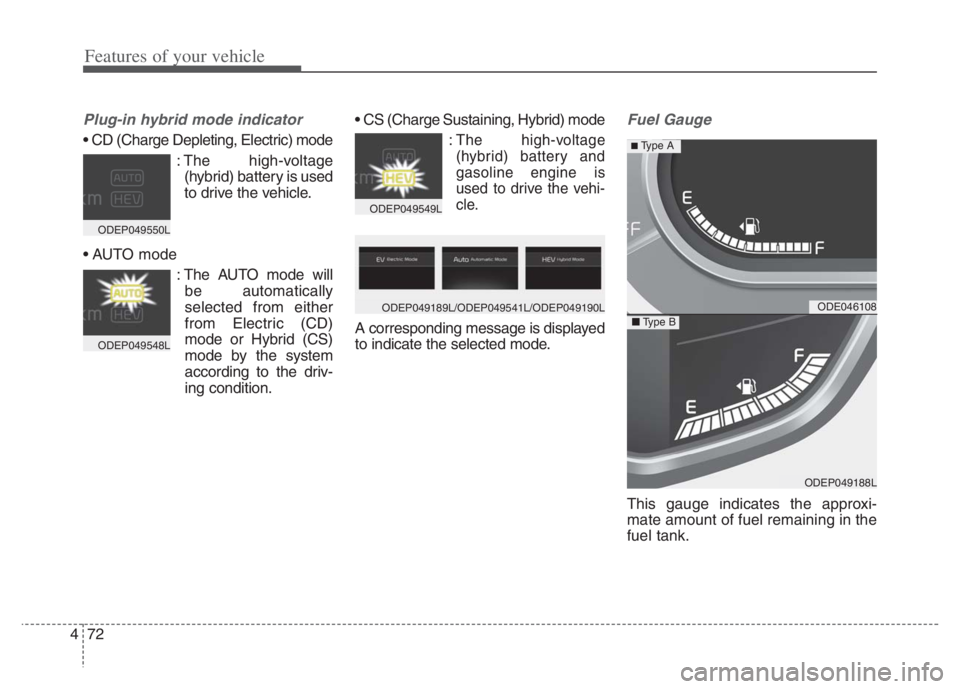 KIA NIRO PHEV 2021 User Guide Features of your vehicle
72 4
Plug-in hybrid mode indicator
: The high-voltage
(hybrid) battery is used
to drive the vehicle.
: The AUTO mode will
be automatically
selected from either
from Elect KIA NIRO PHEV 2021 User Guide Features of your vehicle
72 4
Plug-in hybrid mode indicator
: The high-voltage
(hybrid) battery is used
to drive the vehicle.
: The AUTO mode will
be automatically
selected from either
from Elect