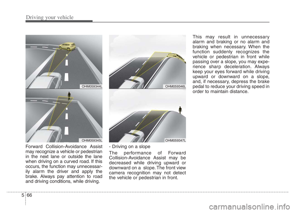 KIA NIRO PHEV 2021  Owners Manual Driving your vehicle
66 5
Forward Collision-Avoidance Assist
may recognize a vehicle or pedestrian
in the next lane or outside the lane
when driving on a curved road. If this
occurs, the function may 