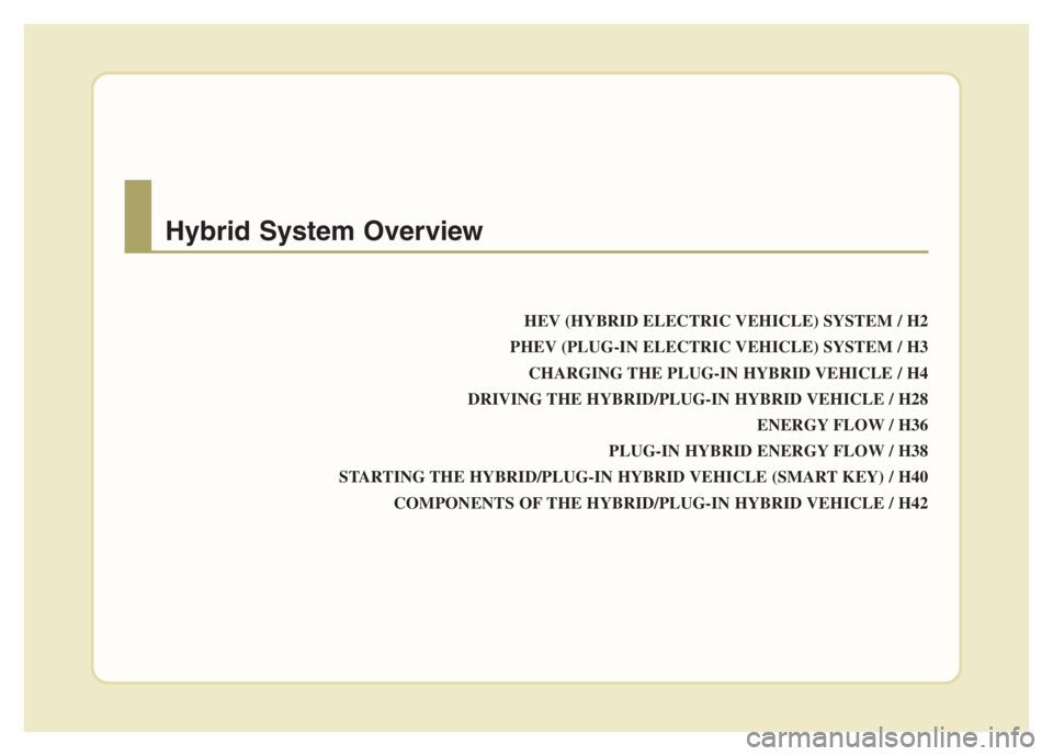 KIA NIRO PHEV 2021 Owners Manual HEV (HYBRID ELECTRIC VEHICLE) SYSTEM / H2
PHEV (PLUG-IN ELECTRIC VEHICLE) SYSTEM / H3
CHARGING THE PLUG-IN HYBRID VEHICLE / H4
DRIVING THE HYBRID/PLUG-IN HYBRID VEHICLE / H28
ENERGY FLOW / H36
PLUG-IN KIA NIRO PHEV 2021 Owners Manual HEV (HYBRID ELECTRIC VEHICLE) SYSTEM / H2
PHEV (PLUG-IN ELECTRIC VEHICLE) SYSTEM / H3
CHARGING THE PLUG-IN HYBRID VEHICLE / H4
DRIVING THE HYBRID/PLUG-IN HYBRID VEHICLE / H28
ENERGY FLOW / H36
PLUG-IN