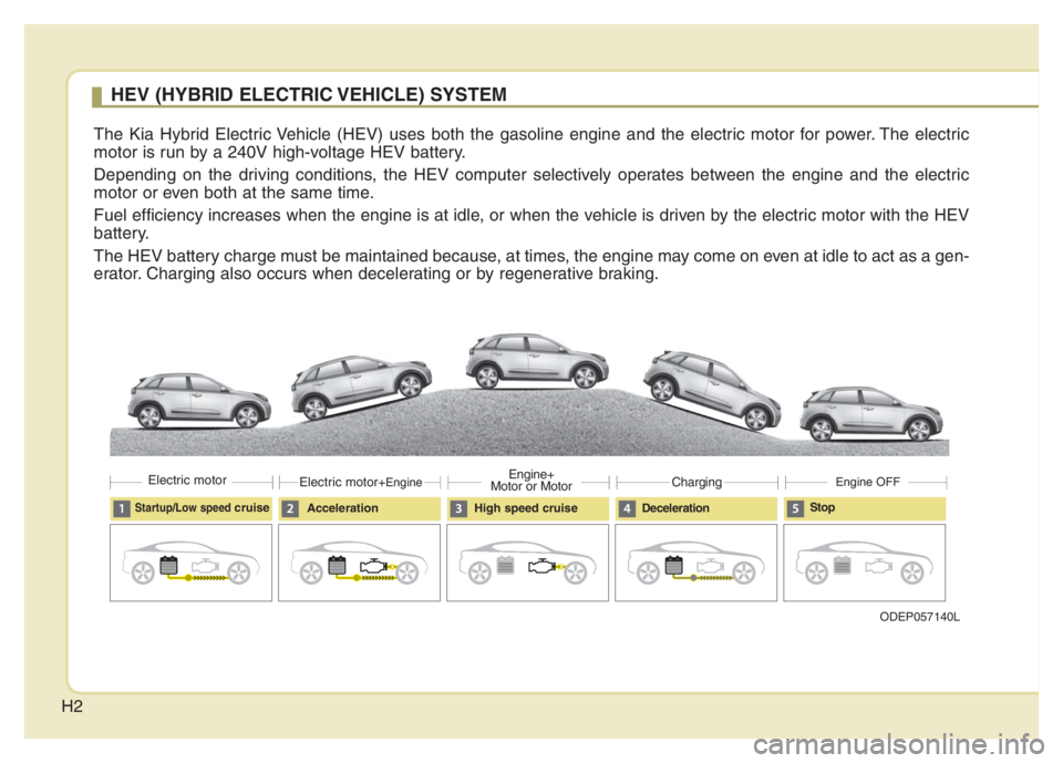 KIA NIRO PHEV 2021  Owners Manual H2
HEV (HYBRID ELECTRIC VEHICLE) SYSTEM
The Kia Hybrid Electric Vehicle (HEV) uses both the gasoline engine and the electric motor for power. The electric
motor is run by a 240V high-voltage HEV batte