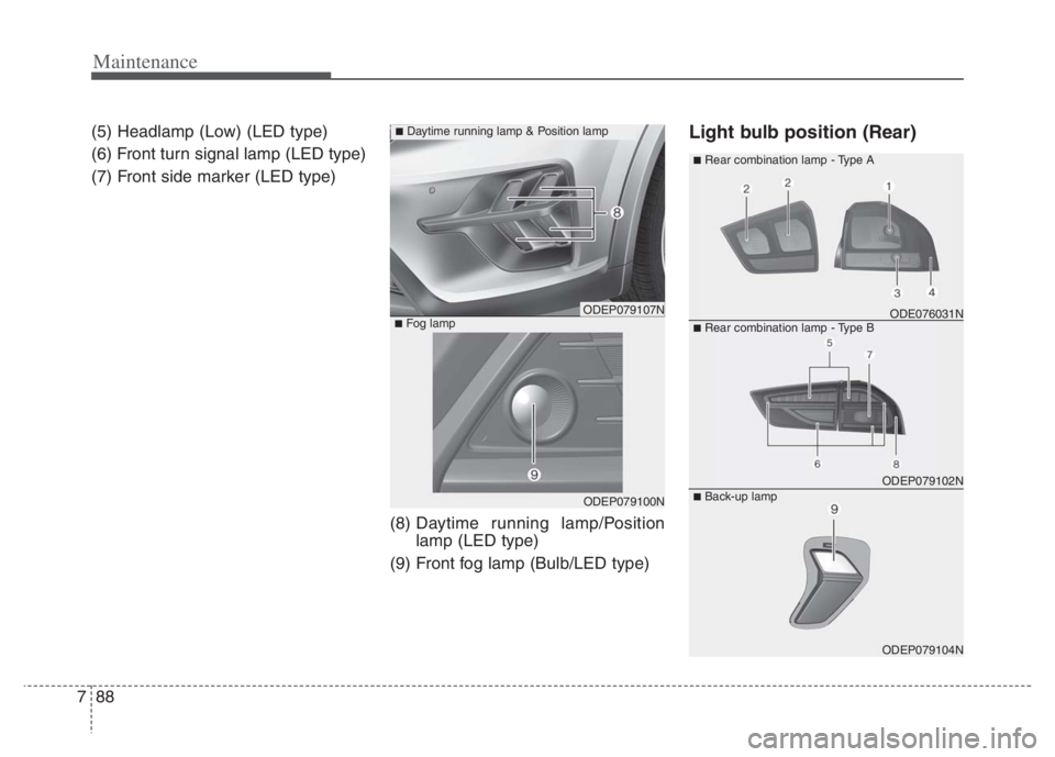 KIA NIRO PHEV 2021 User Guide Maintenance
88 7
(5) Headlamp (Low) (LED type)
(6) Front turn signal lamp (LED type)
(7) Front side marker (LED type)
(8) Daytime running lamp/Position
lamp (LED type)
(9) Front fog lamp (Bulb/LED typ KIA NIRO PHEV 2021 User Guide Maintenance
88 7
(5) Headlamp (Low) (LED type)
(6) Front turn signal lamp (LED type)
(7) Front side marker (LED type)
(8) Daytime running lamp/Position
lamp (LED type)
(9) Front fog lamp (Bulb/LED typ
