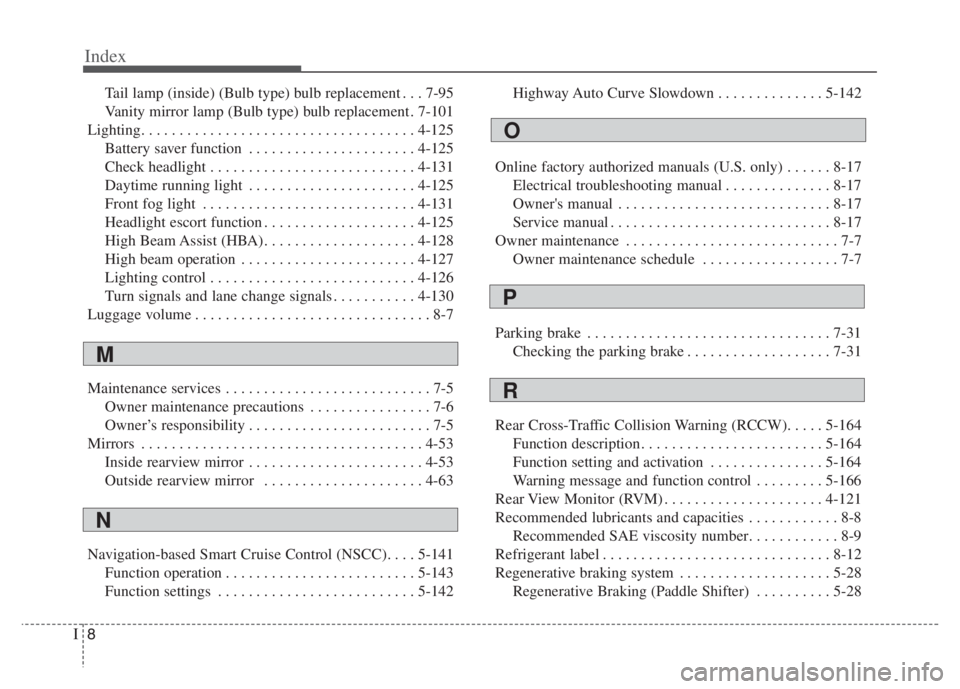 KIA NIRO PHEV 2021  Owners Manual Index
8I
Tail lamp (inside) (Bulb type) bulb replacement . . . 7-95
Vanity mirror lamp (Bulb type) bulb replacement . 7-101
Lighting. . . . . . . . . . . . . . . . . . . . . . . . . . . . . . . . . . 