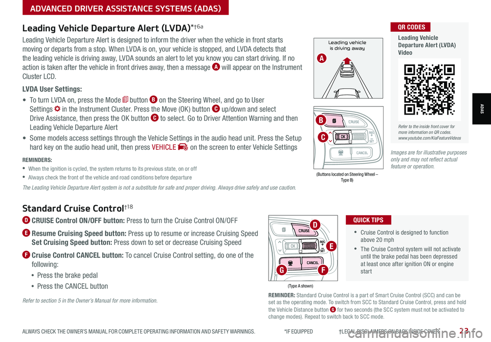 KIA NIRO PHEV 2021 Features and Functions Guide Refer to the inside front cover for more information on QR codes.www.youtube.com/KiaFeatureVideos
QR CODES
Leading Vehicle Departure Alert (LVDA)Video
Standard Cruise Control†1 8
D CRUISE Control O KIA NIRO PHEV 2021 Features and Functions Guide Refer to the inside front cover for more information on QR codes.www.youtube.com/KiaFeatureVideos
QR CODES
Leading Vehicle Departure Alert (LVDA)Video
Standard Cruise Control†1 8
D CRUISE Control O