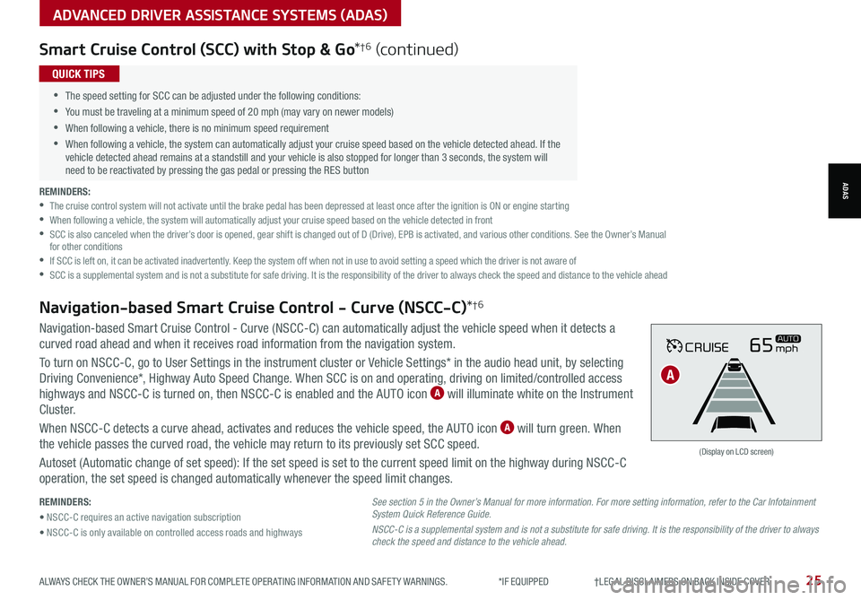 KIA NIRO PHEV 2021 Features and Functions Guide ALWAYS CHECK THE OWNER’S MANUAL FOR COMPLETE OPER ATING INFORMATION AND SAFET Y WARNINGS. *IF EQUIPPED †LEGAL DISCL AIMERS ON BACK INSIDE COVER25
ADVANCED DRIVER ASSISTANCE SY KIA NIRO PHEV 2021 Features and Functions Guide ALWAYS CHECK THE OWNER’S MANUAL FOR COMPLETE OPER ATING INFORMATION AND SAFET Y WARNINGS. *IF EQUIPPED †LEGAL DISCL AIMERS ON BACK INSIDE COVER25
ADVANCED DRIVER ASSISTANCE SY
