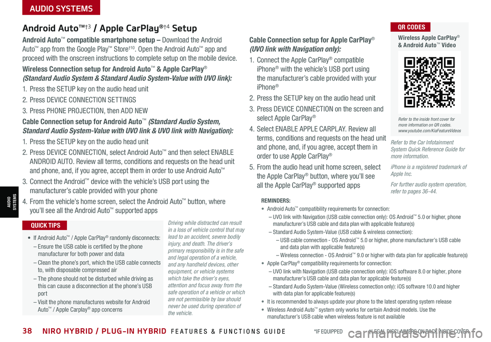 KIA NIRO PHEV 2021 Features and Functions Guide AUDIO SYSTEMS
AUDIOSYSTEMS
*IF EQUIPPED †LEGAL DISCL AIMERS ON BACK INSIDE COVER38NIRO HYBRID / PLUG-IN HYBRID FEATURES & FUNCTIONS GUIDE
Android AutoTM†3 / Apple CarPlay®† KIA NIRO PHEV 2021 Features and Functions Guide AUDIO SYSTEMS
AUDIOSYSTEMS
*IF EQUIPPED †LEGAL DISCL AIMERS ON BACK INSIDE COVER38NIRO HYBRID / PLUG-IN HYBRID FEATURES & FUNCTIONS GUIDE
Android AutoTM†3 / Apple CarPlay®†