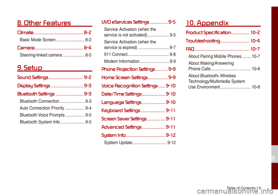 KIA NIRO PHEV 2021  Quick Start Guide Base Audio  Tab\be of Contents I 5
8. Other Featur
Climate ...........................................8-2
Basic Mode Screen ..................\u.......8-2
Camera.......................................... 8-4
Ste