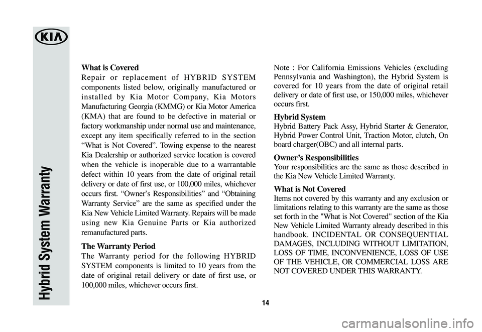 KIA NIRO PHEV 2021  Warranty and Consumer Information Guide 14Hybrid System Warranty
What is Covered
Repair or replacement of HYBRID SYSTEM 
components listed below, originally manufactured or 
installed by Kia Motor Company, Kia Motors 
Manufacturing Georgia 