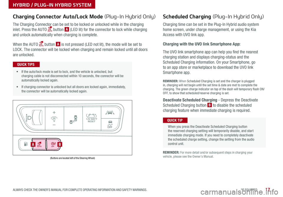 KIA NIRO PHEV 2020  Features and Functions Guide 17*IF EQUIPPED ALWAYS CHECK THE OWNER’S MANUAL FOR COMPLETE OPER ATING INFORMATION AND SAFET Y WARNINGS .
AUTOOFF
(Buttons are located left of the Steering Wheel)
AB
Scheduled Charging (Plug-In Hybr