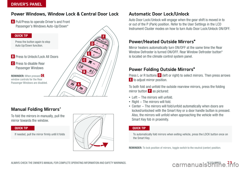 KIA NIRO PHEV 2020  Features and Functions Guide 23*IF EQUIPPED ALWAYS CHECK THE OWNER’S MANUAL FOR COMPLETE OPER ATING INFORMATION AND SAFET Y WARNINGS .
Automatic Door Lock/Unlock
Auto Door Lock /Unlock will engage when the gear shift is moved i