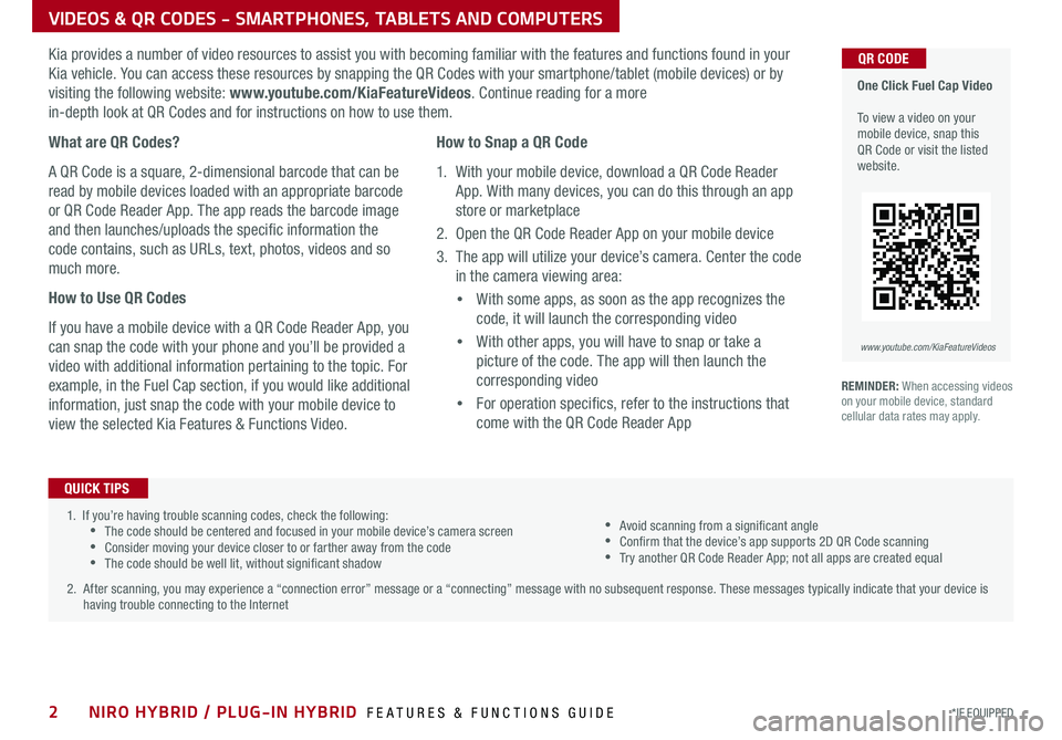 KIA NIRO PHEV 2020 Features and Functions Guide NIRO HYBRID / PLUG-IN HYBRID FEATURES & FUNCTIONS GUIDE2*IF EQUIPPED
1 . If you’re having trouble scanning codes, check the following: •The code should be centered and focused in your mobile KIA NIRO PHEV 2020 Features and Functions Guide NIRO HYBRID / PLUG-IN HYBRID FEATURES & FUNCTIONS GUIDE2*IF EQUIPPED
1 . If you’re having trouble scanning codes, check the following: •The code should be centered and focused in your mobile