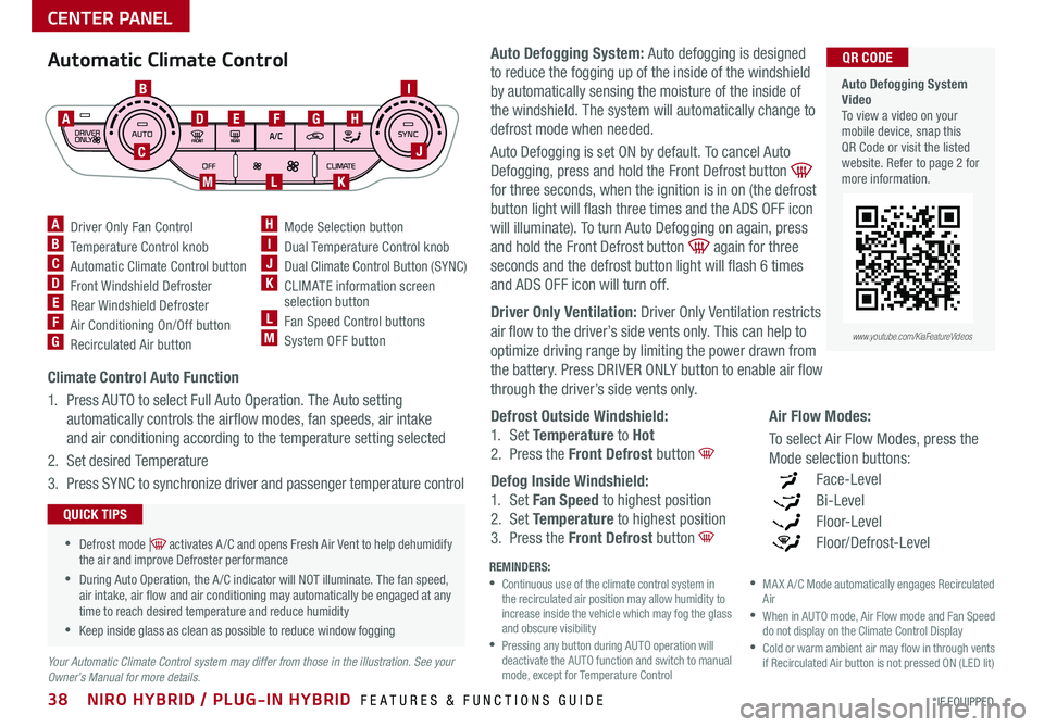 KIA NIRO PHEV 2020  Features and Functions Guide 38NIRO HYBRID / PLUG-IN HYBRID  FEATURES & FUNCTIONS GUIDE*IF  EQUIPPED                    
Your Automatic Climate Control system may differ from those in the illustration. See your Owner’s Manual f