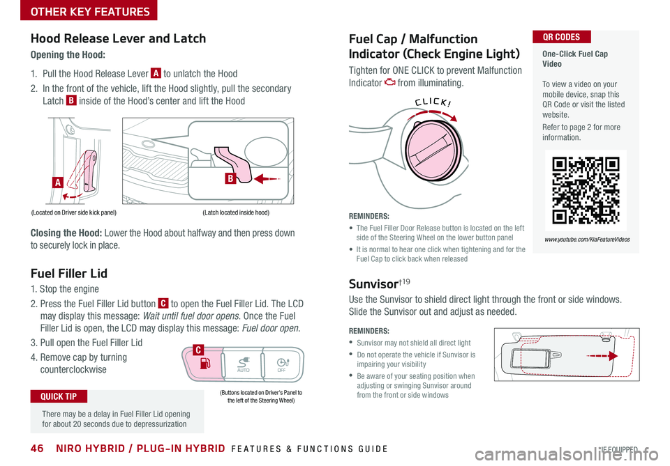 KIA NIRO PHEV 2020  Features and Functions Guide 46NIRO HYBRID / PLUG-IN HYBRID  FEATURES & FUNCTIONS GUIDE*IF  EQUIPPED                     
AUTOOFF
Fuel Filler Lid
1 . Stop the engine
2  .  Press the Fuel Filler Lid button C to open the Fuel Fille