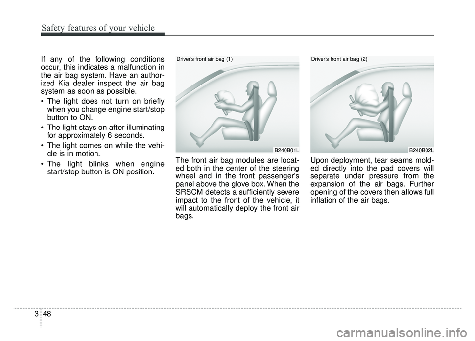 KIA NIRO PHEV 2019  Owners Manual Safety features of your vehicle
48
3
If any of the following conditions
occur, this indicates a malfunction in
the air bag system. Have an author-
ized Kia dealer inspect the air bag
system as soon as