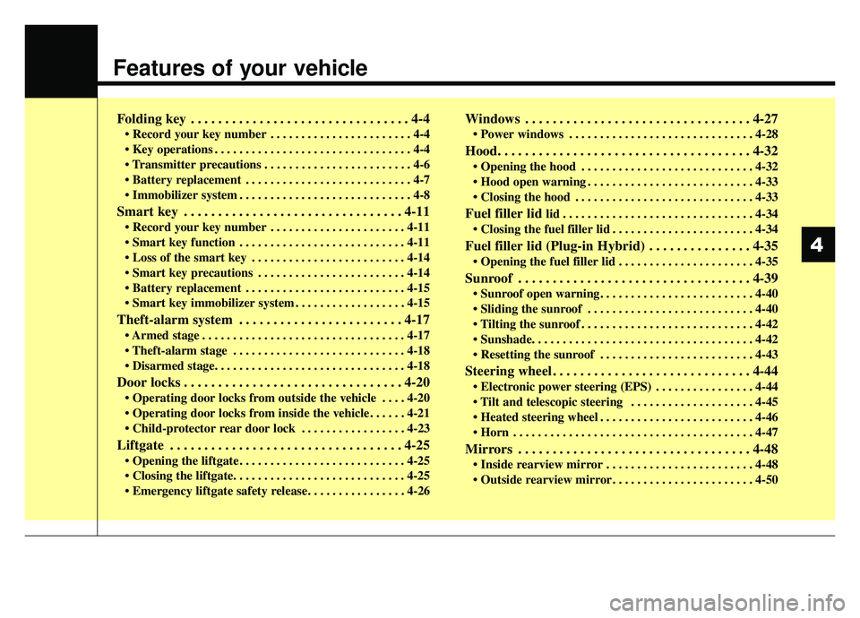 KIA NIRO PHEV 2019  Owners Manual Features of your vehicle
Folding key . . . . . . . . . . . . . . . . . . . . . . . . . . . . . . . . 4-4
• Record your key number . . . . . . . . . . . . . . . . . . . . . . . 4-4
 . . . . . . . . .