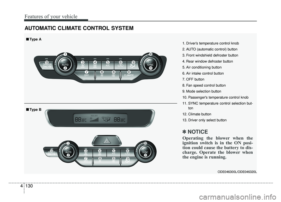 KIA NIRO PHEV 2019  Owners Manual Features of your vehicle
130
4
AUTOMATIC CLIMATE CONTROL SYSTEM
ODE046300L/ODE046320L
1. Driver’s temperature control knob
2. AUTO (automatic control) button
3. Front windshield defroster button
4. 