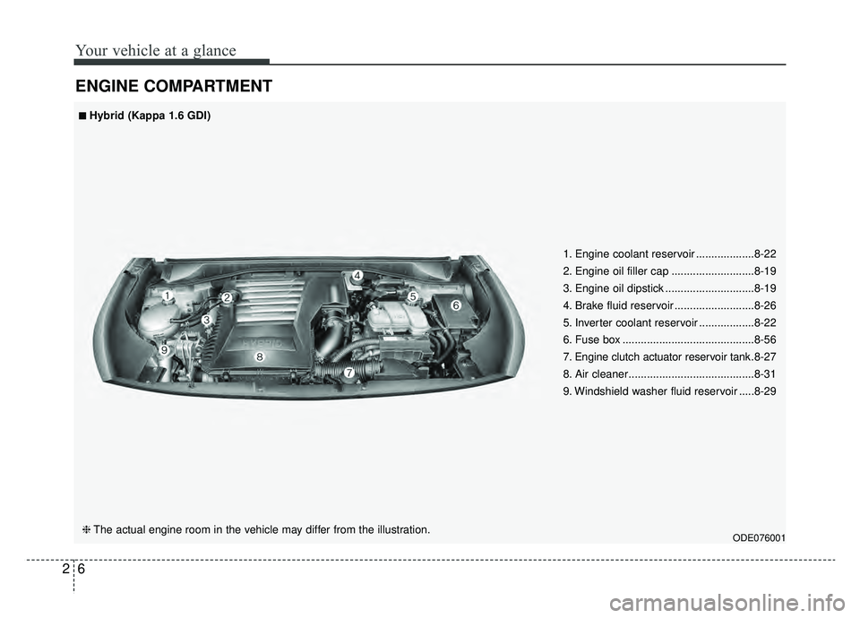 KIA NIRO PHEV 2019  Owners Manual Your vehicle at a glance
62
ENGINE COMPARTMENT
ODE076001
■ ■Hybrid (Kappa 1.6 GDI)
❈ The actual engine room in the vehicle may differ from the illustration. 1. Engine coolant reservoir .........
