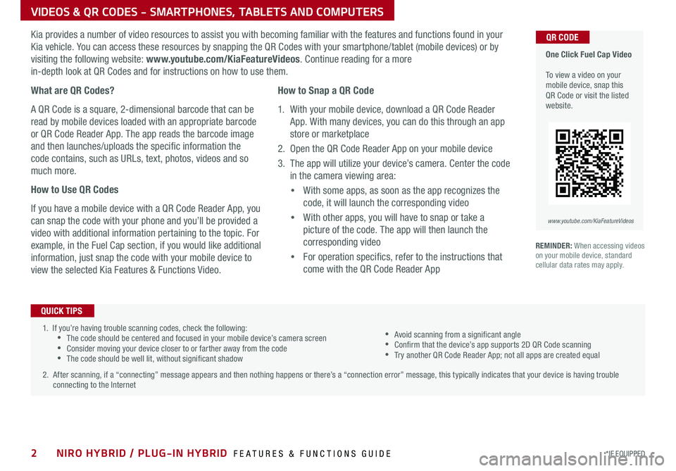 KIA NIRO PHEV 2019 Features and Functions Guide NIRO HYBRID / PLUG-IN HYBRID FEATURES & FUNCTIONS GUIDE2*IF EQUIPPED
1 . If you’re having trouble scanning codes, check the following: •The code should be centered and focused in your mobile KIA NIRO PHEV 2019 Features and Functions Guide NIRO HYBRID / PLUG-IN HYBRID FEATURES & FUNCTIONS GUIDE2*IF EQUIPPED
1 . If you’re having trouble scanning codes, check the following: •The code should be centered and focused in your mobile