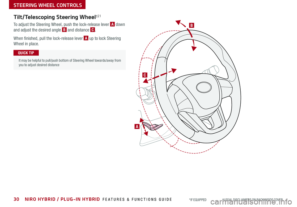 KIA NIRO PHEV 2019 Features and Functions Guide B
C
A
Tilt/Telescoping Steering Wheel†21
To adjust the Steering Wheel, push the lock-release lever A down
and adjust the desired angle B and distance C .
When finished, pull the lock-release leve KIA NIRO PHEV 2019 Features and Functions Guide B
C
A
Tilt/Telescoping Steering Wheel†21
To adjust the Steering Wheel, push the lock-release lever A down
and adjust the desired angle B and distance C .
When finished, pull the lock-release leve
