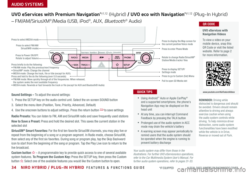 KIA NIRO PHEV 2019 Features and Functions Guide 34NIRO HYBRID / PLUG-IN HYBRID FEATURES & FUNCTIONS GUIDE*IF EQUIPPED †LEGAL DISCL AIMERS ON BACK INSIDE COVER
AUDIO SYSTEMS
UVO eServices with Navigation Videos
To view a vi KIA NIRO PHEV 2019 Features and Functions Guide 34NIRO HYBRID / PLUG-IN HYBRID FEATURES & FUNCTIONS GUIDE*IF EQUIPPED †LEGAL DISCL AIMERS ON BACK INSIDE COVER
AUDIO SYSTEMS
UVO eServices with Navigation Videos
To view a vi