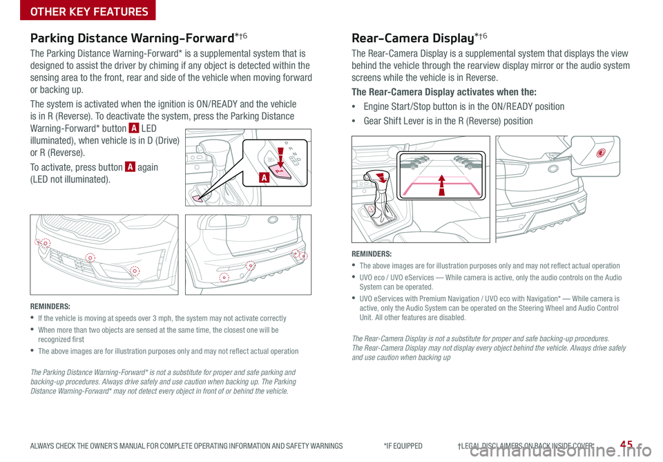 KIA NIRO PHEV 2019 Features and Functions Guide 45ALWAYS CHECK THE OWNER’S MANUAL FOR COMPLETE OPER ATING INFORMATION AND SAFET Y WARNINGS *IF EQUIPPED †LEGAL DISCL AIMERS ON BACK INSIDE COVER
Parking Distance Warning-Forwa KIA NIRO PHEV 2019 Features and Functions Guide 45ALWAYS CHECK THE OWNER’S MANUAL FOR COMPLETE OPER ATING INFORMATION AND SAFET Y WARNINGS *IF EQUIPPED †LEGAL DISCL AIMERS ON BACK INSIDE COVER
Parking Distance Warning-Forwa