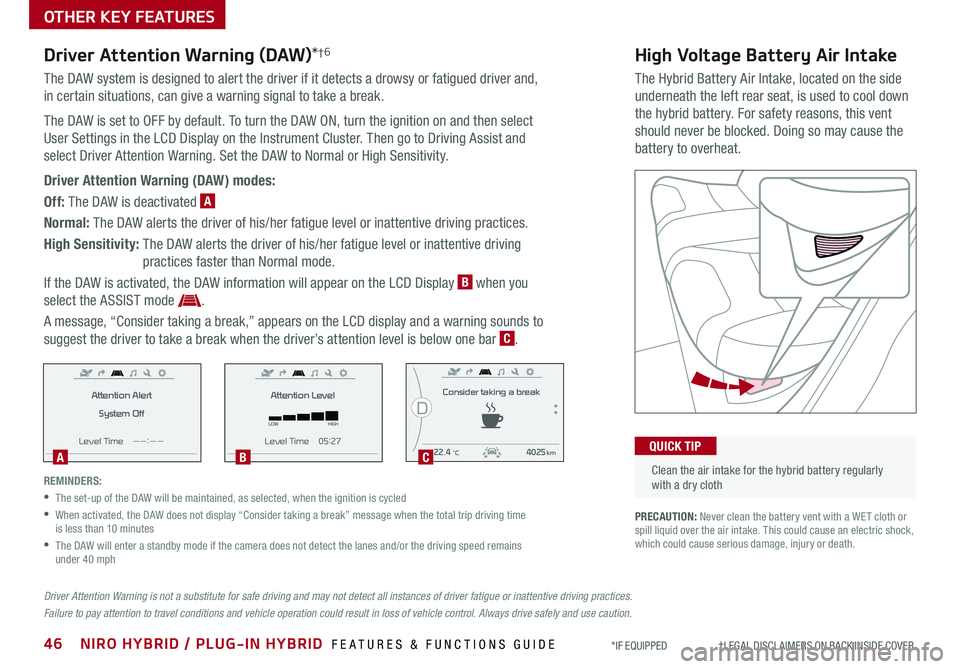 KIA NIRO PHEV 2019 Features and Functions Guide 46NIRO HYBRID / PLUG-IN HYBRID FEATURES & FUNCTIONS GUIDE*IF EQUIPPED †LEGAL DISCL AIMERS ON BACK INSIDE COVER
High Voltage Battery Air Intake
The Hybrid Battery Air Intake, loc KIA NIRO PHEV 2019 Features and Functions Guide 46NIRO HYBRID / PLUG-IN HYBRID FEATURES & FUNCTIONS GUIDE*IF EQUIPPED †LEGAL DISCL AIMERS ON BACK INSIDE COVER
High Voltage Battery Air Intake
The Hybrid Battery Air Intake, loc