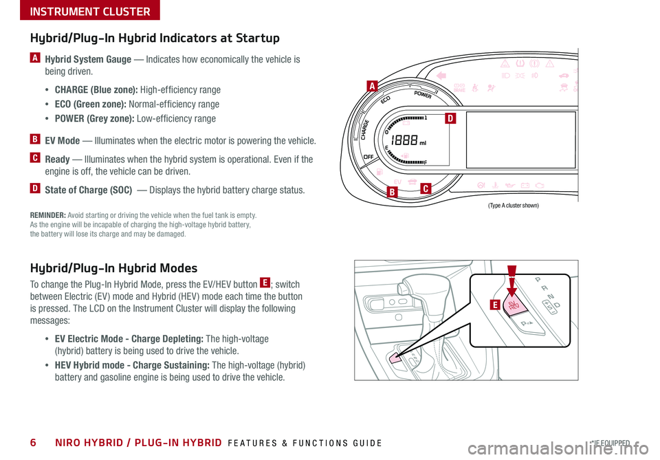 KIA NIRO PHEV 2019 Features and Functions Guide 6*IF EQUIPPED NIRO HYBRID / PLUG-IN HYBRID FEATURES & FUNCTIONS GUIDE
Hybrid/Plug-In Hybrid Indicators at Startup
A Hybrid System Gauge — Indicates how economically the vehicle is
being driven KIA NIRO PHEV 2019 Features and Functions Guide 6*IF EQUIPPED NIRO HYBRID / PLUG-IN HYBRID FEATURES & FUNCTIONS GUIDE
Hybrid/Plug-In Hybrid Indicators at Startup
A Hybrid System Gauge — Indicates how economically the vehicle is
being driven