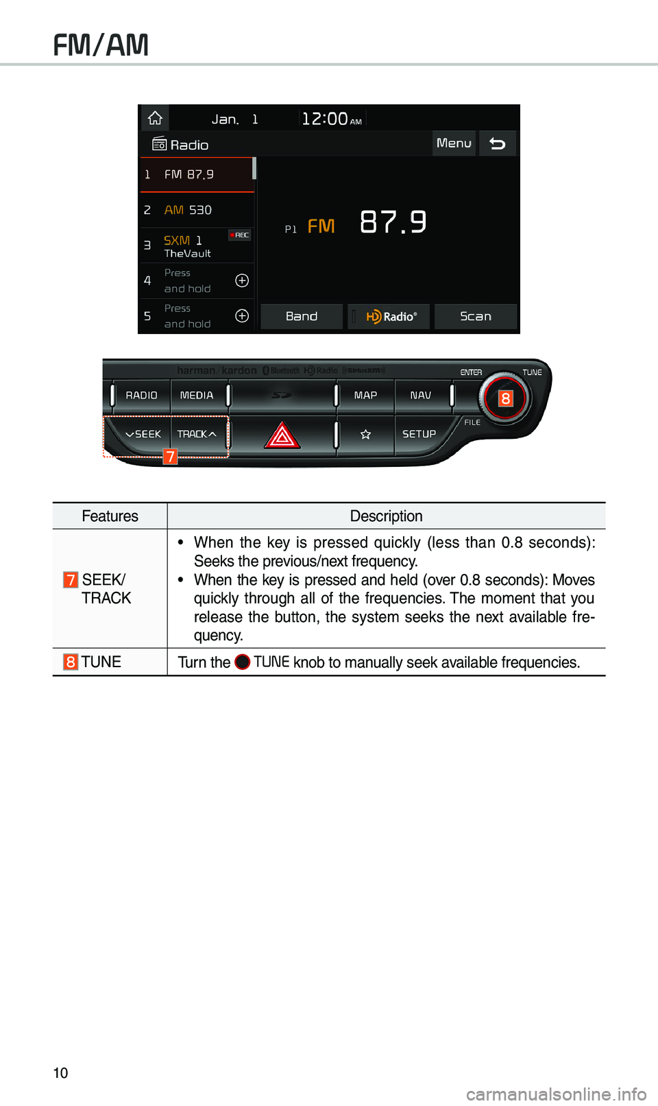 KIA NIRO PHEV 2019 Navigation System Quick Reference Guide 10
F\fatur\fsD\fscription
SEEK/
TRACK
• Wh\fn th\f k\fy is pr\fss\fd quickly (l\fss than 0.8 s\fconds):
S\f\fks th\f pr\fvious/n\fxt fr\fqu\fncy.
• Wh\fn th\f k\fy is pr\fss\fd and KIA NIRO PHEV 2019 Navigation System Quick Reference Guide 10
F\fatur\fsD\fscription
SEEK/
TRACK
• Wh\fn th\f k\fy is pr\fss\fd quickly (l\fss than 0.8 s\fconds):
S\f\fks th\f pr\fvious/n\fxt fr\fqu\fncy.
• Wh\fn th\f k\fy is pr\fss\fd and